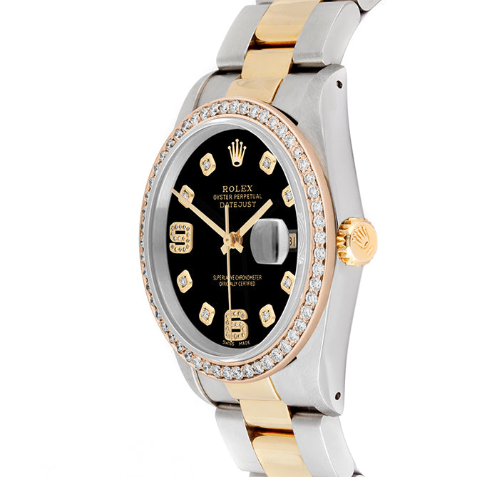 Rolex Datejust 36mm TWO TONE 16233 Black Dial |  6&9 Diamond  Hour Markers | 1ct Diamond Bezel