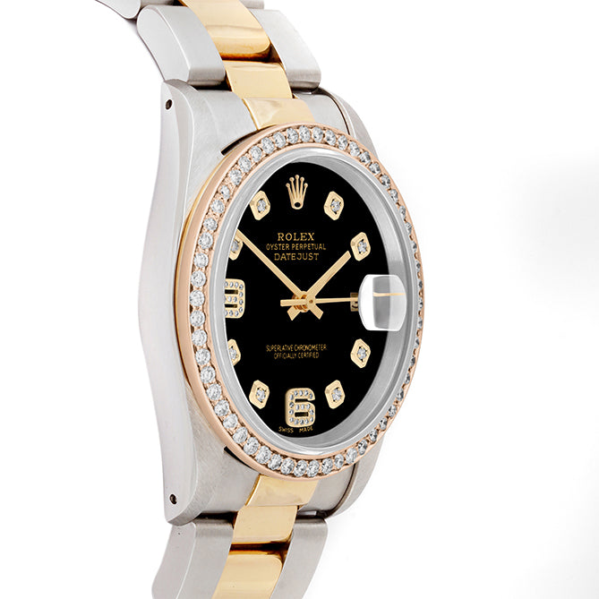 Rolex Datejust 36mm TWO TONE 16233 Black Dial |  6&9 Diamond  Hour Markers | 1ct Diamond Bezel