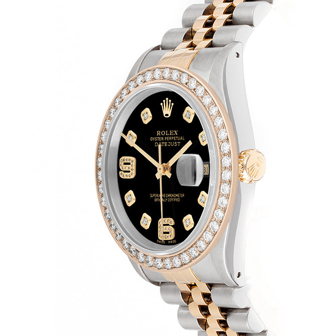 Rolex Datejust 36mm TWO TONE 16233 Black  Dial |  6&9 Diamond  Hour Markers | 2ct Diamond Bezel