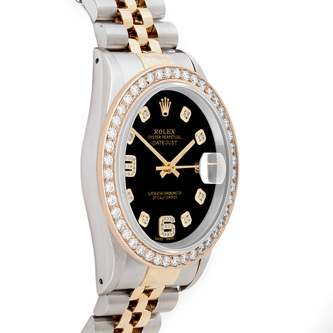 Rolex Datejust 36mm TWO TONE 16233 Black  Dial |  6&9 Diamond  Hour Markers | 2ct Diamond Bezel