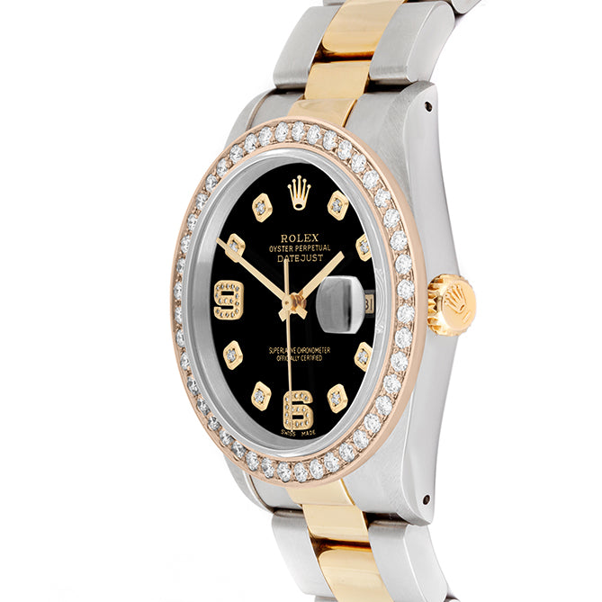 Rolex Datejust 36mm TWO TONE 16233 Black  Dial |  6&9 Diamond  Hour Markers | 2ct Diamond Bezel