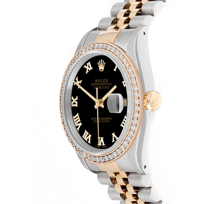 Rolex Datejust 36mm TWO TONE 16233 Black Dial | Roman Hour Markers | 1ct Diamond Bezel