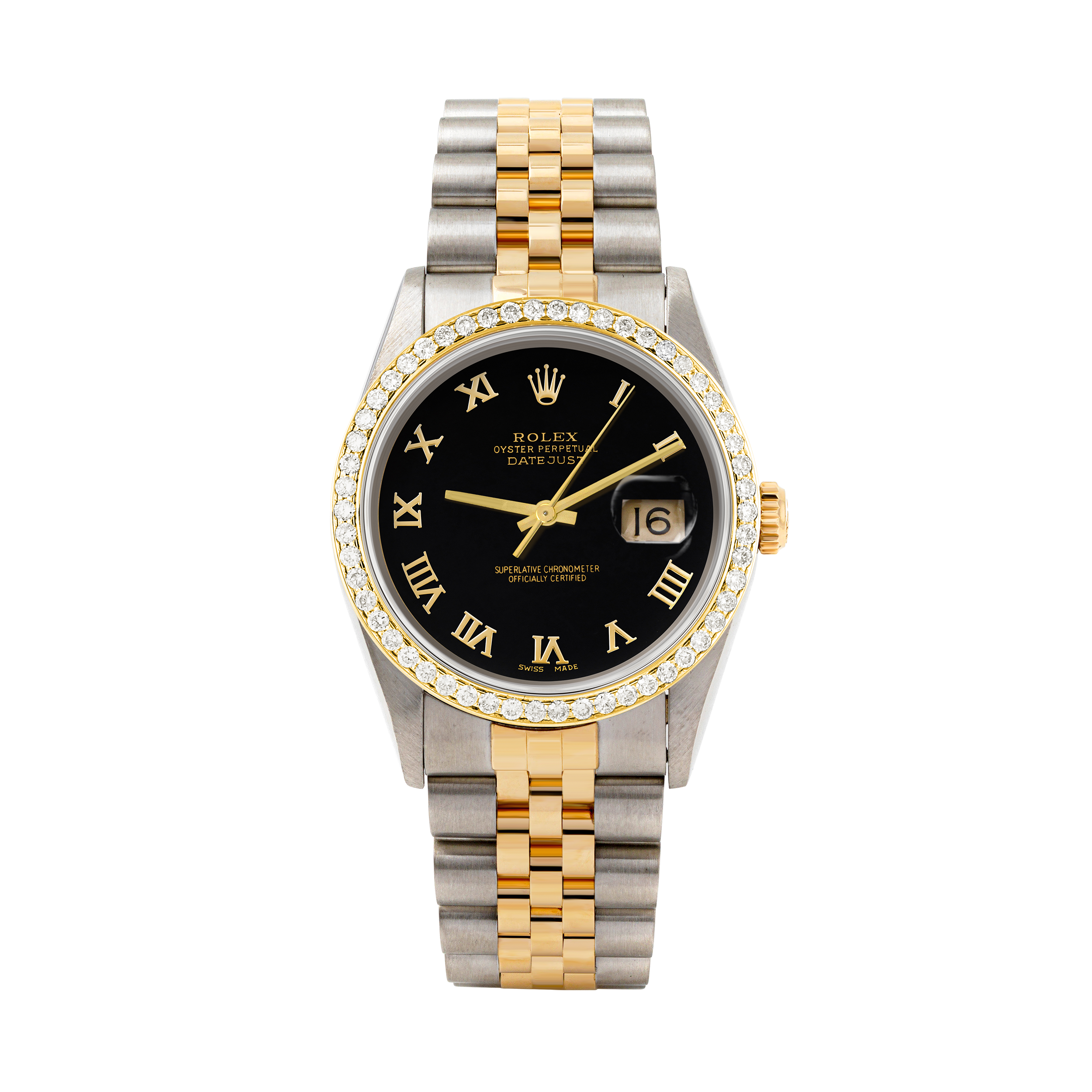 Rolex Datejust 36mm TWO TONE 16233 Black Dial | Roman Hour Markers | 1ct Diamond Bezel