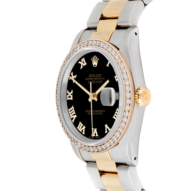 Rolex Datejust 36mm TWO TONE 16233 Black Dial | Roman Hour Markers | 1ct Diamond Bezel