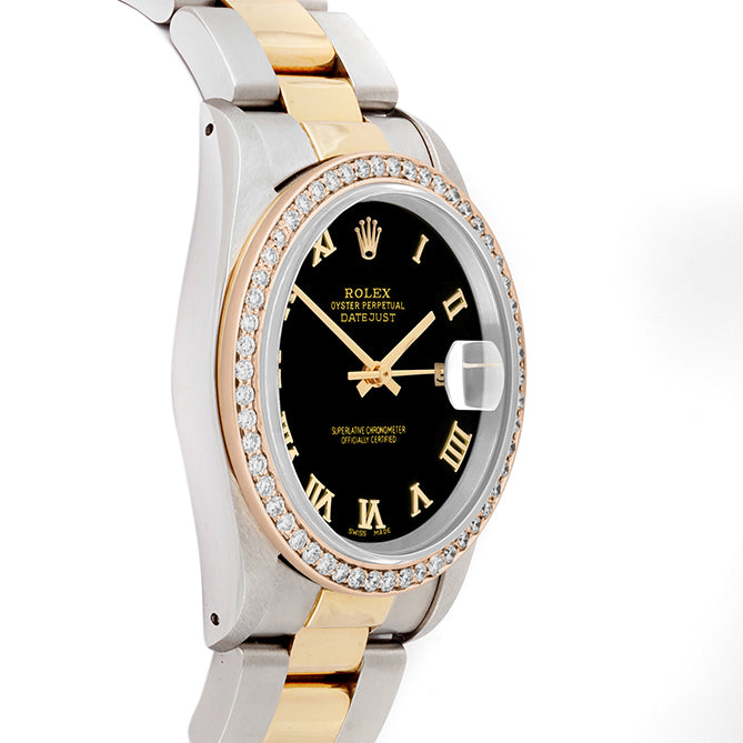 Rolex Datejust 36mm TWO TONE 16233 Black Dial | Roman Hour Markers | 1ct Diamond Bezel