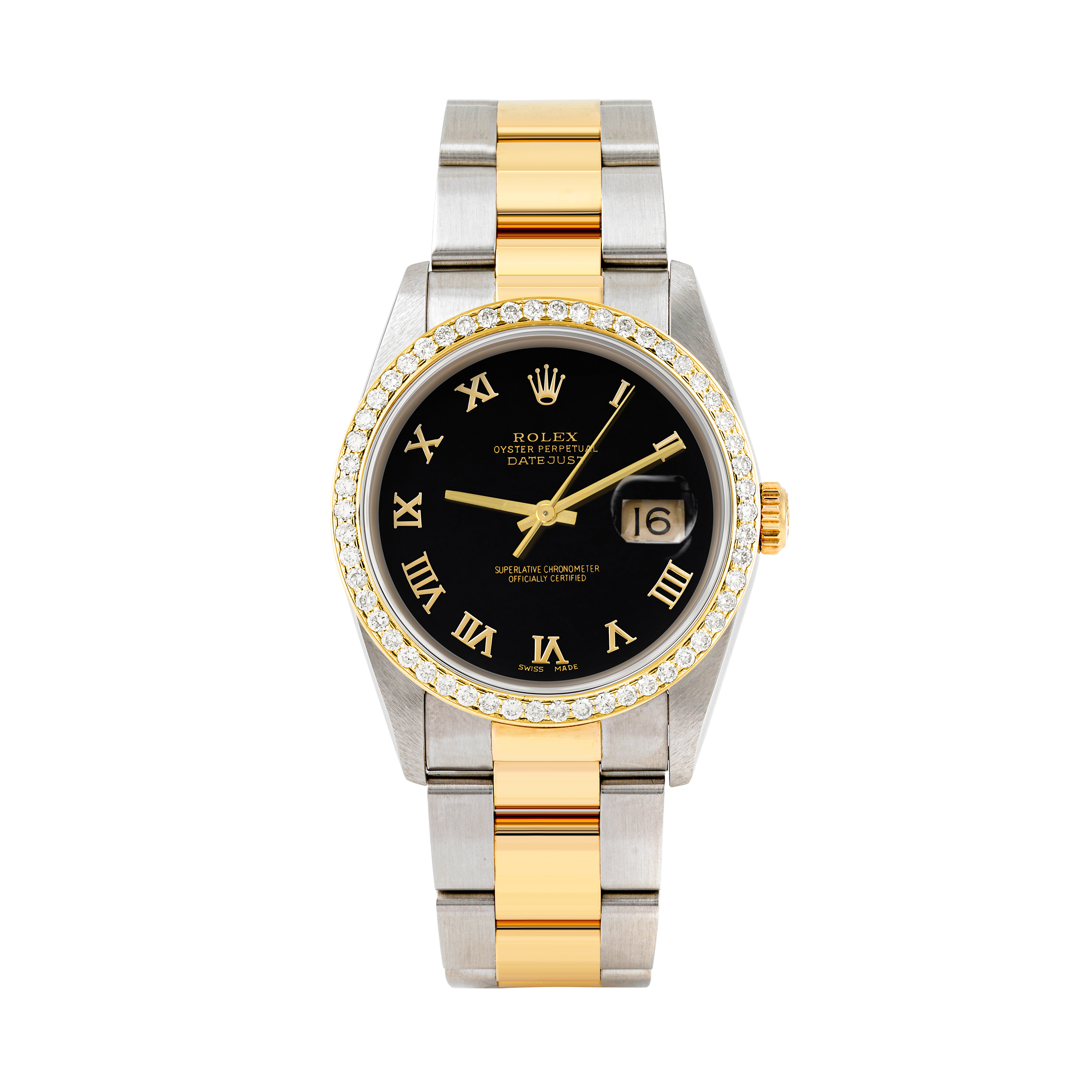 Rolex Datejust 36mm TWO TONE 16233 Black Dial | Roman Hour Markers | 1ct Diamond Bezel