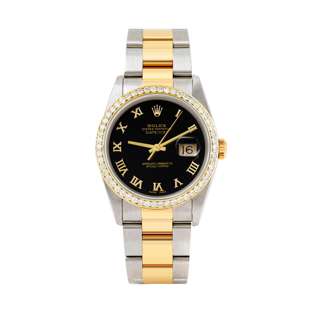 Rolex Datejust 36mm TWO TONE 16233 Black Dial | Roman Hour Markers | 1ct Diamond Bezel