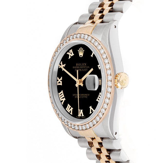 Rolex Datejust 36mm TWO TONE 16233 Black Dial | Roman Hour Markers | 1.8ct Diamond Bezel