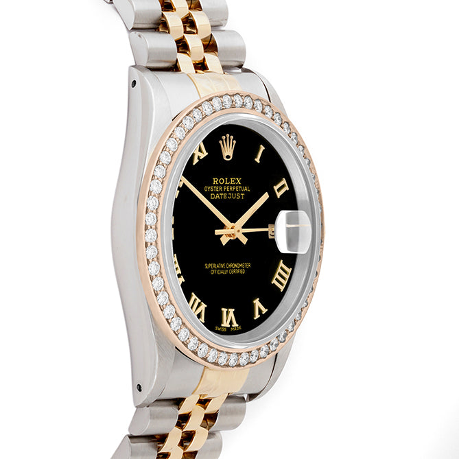 Rolex Datejust 36mm TWO TONE 16233 Black Dial | Roman Hour Markers | 1.8ct Diamond Bezel