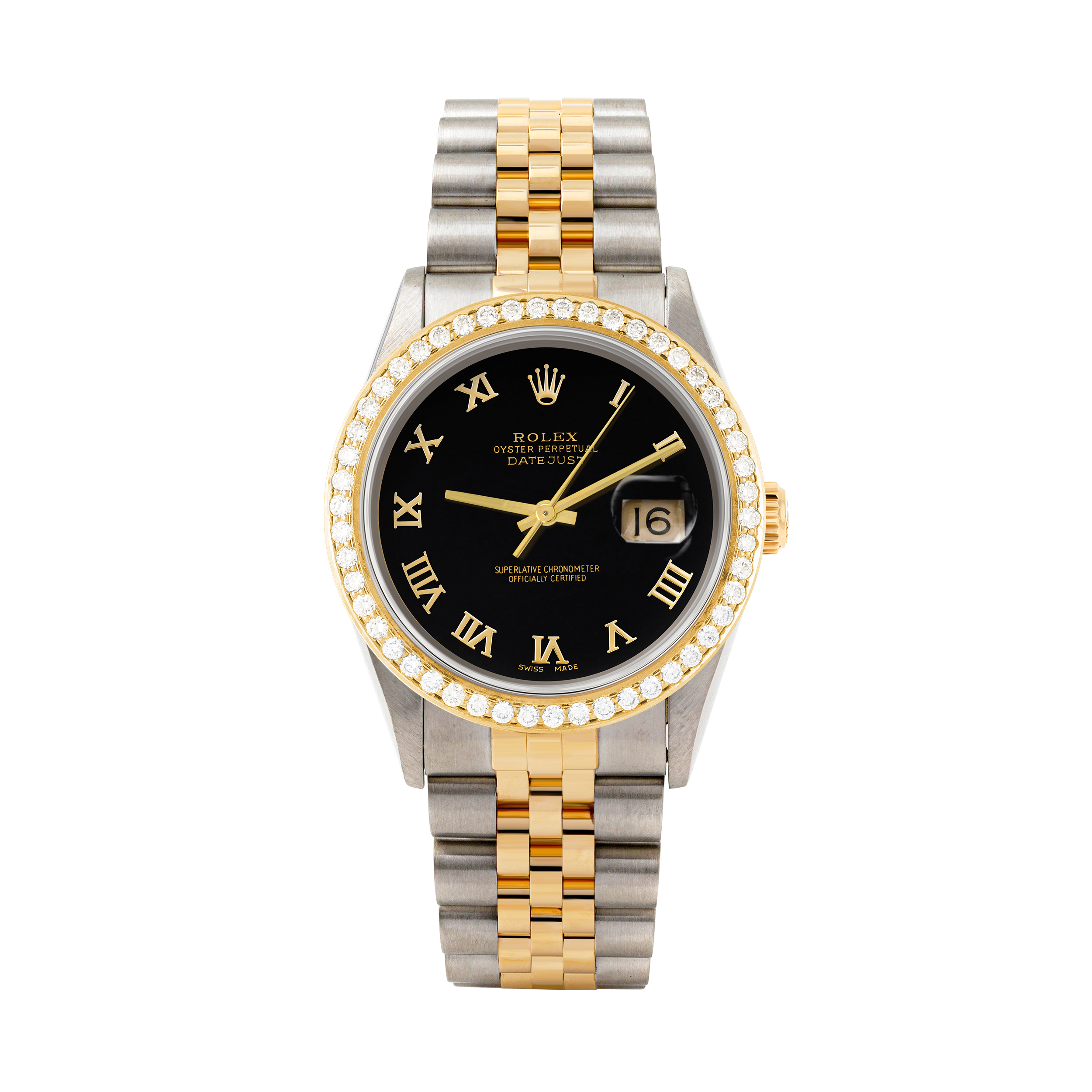 Rolex Datejust 36mm TWO TONE 16233 Black Dial | Roman Hour Markers | 1.8ct Diamond Bezel