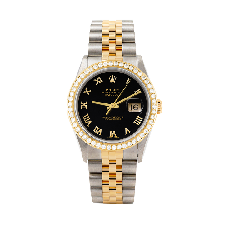 Rolex Datejust 36mm TWO TONE 16233 Black Dial | Roman Hour Markers | 1.8ct Diamond Bezel