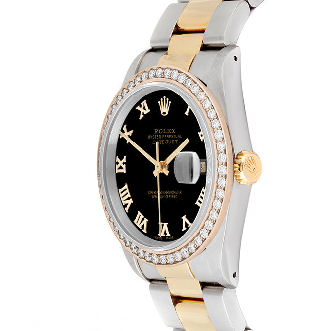 Rolex Datejust 36mm TWO TONE 16233 Black Dial | Roman Hour Markers | 1.8ct Diamond Bezel
