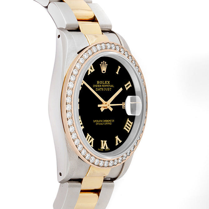 Rolex Datejust 36mm TWO TONE 16233 Black Dial | Roman Hour Markers | 1.8ct Diamond Bezel