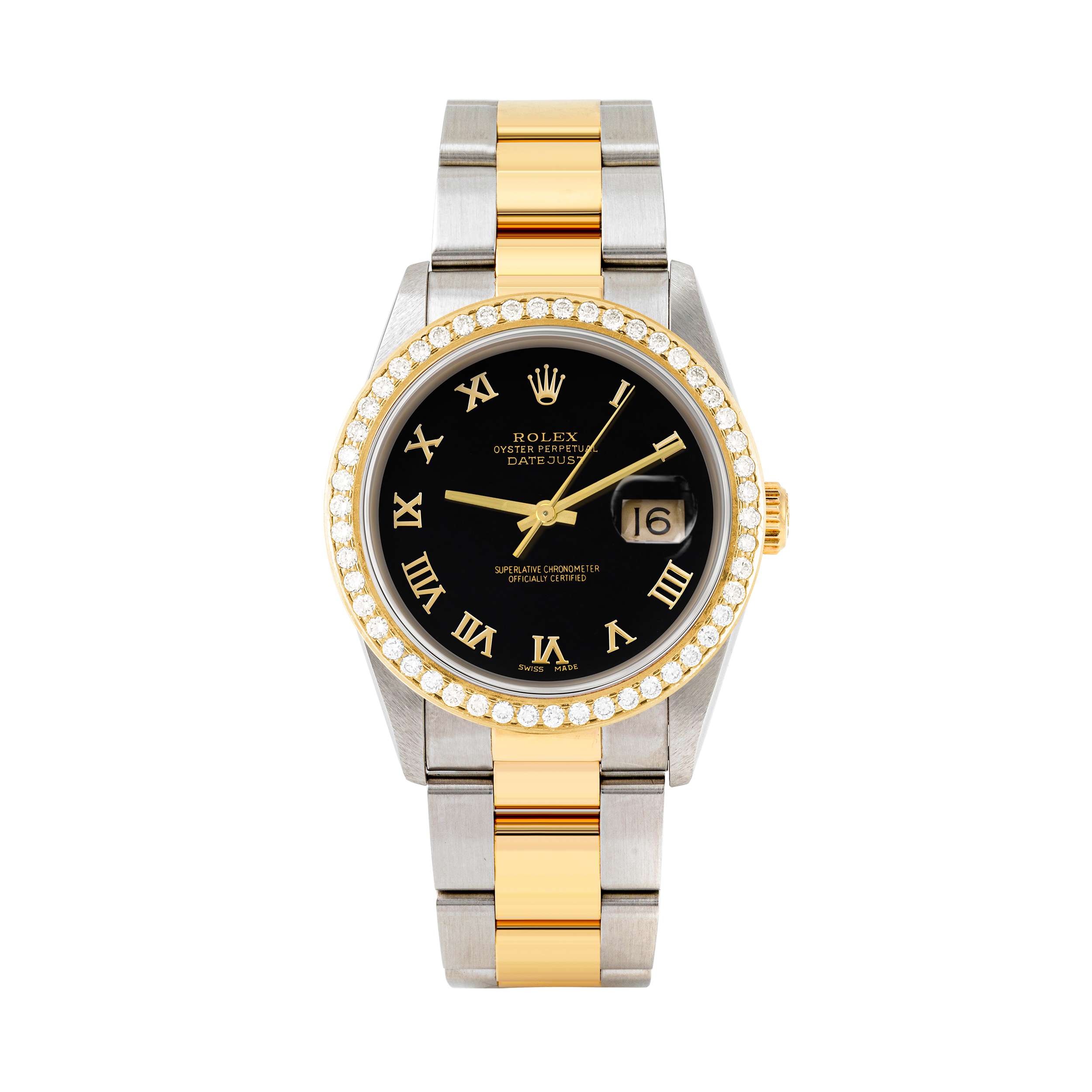 Rolex Datejust 36mm TWO TONE 16233 Black Dial | Roman Hour Markers | 1.8ct Diamond Bezel