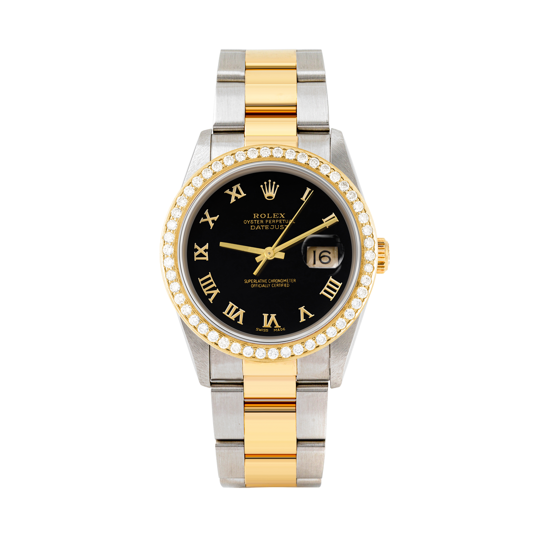 Rolex Datejust 36mm TWO TONE 16233 Black Dial | Roman Hour Markers | 1.8ct Diamond Bezel