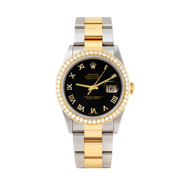 Rolex Datejust 36mm TWO TONE 16233 Black Dial | Roman Hour Markers | 1.8ct Diamond Bezel