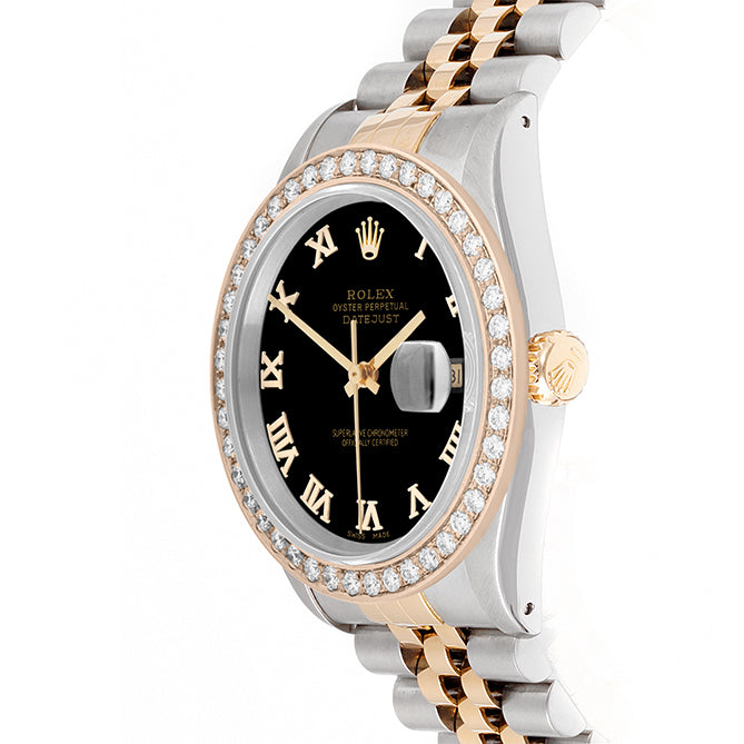 Rolex Datejust 36mm TWO TONE 16233  Black Dial | Roman Hour Markers | 2ct Diamond Bezel
