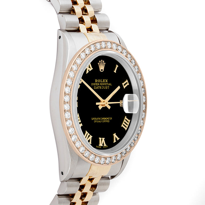 Rolex Datejust 36mm TWO TONE 16233  Black Dial | Roman Hour Markers | 2ct Diamond Bezel