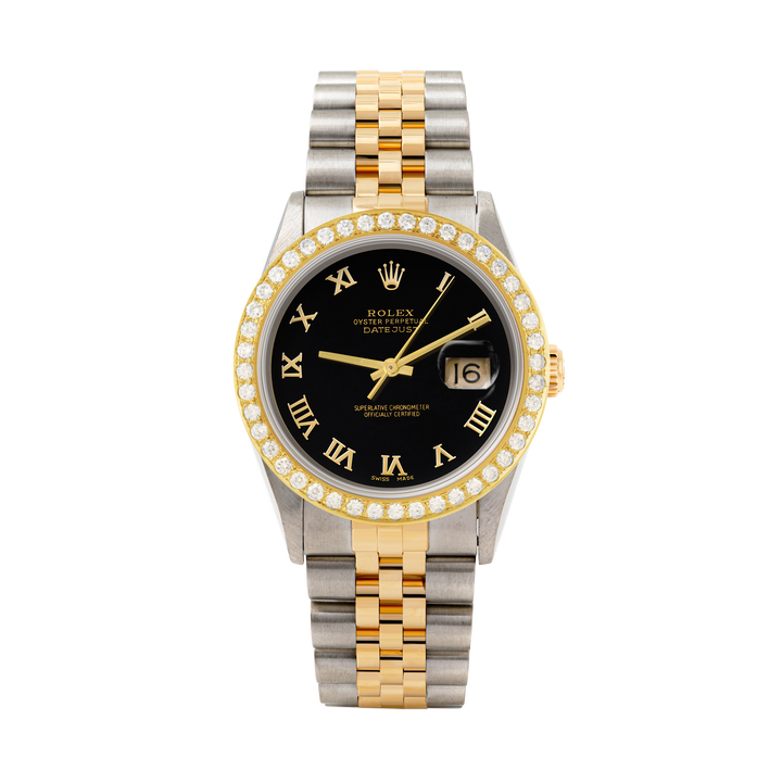 Rolex Datejust 36mm TWO TONE 16233  Black Dial | Roman Hour Markers | 2ct Diamond Bezel