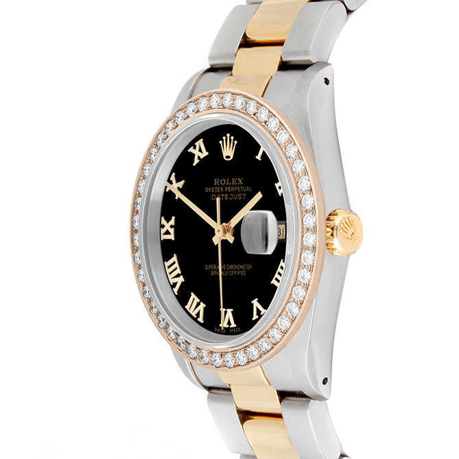Rolex Datejust 36mm TWO TONE 16233  Black Dial | Roman Hour Markers | 2ct Diamond Bezel