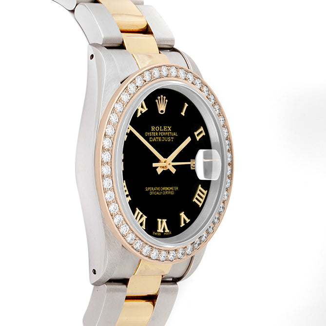 Rolex Datejust 36mm TWO TONE 16233  Black Dial | Roman Hour Markers | 2ct Diamond Bezel