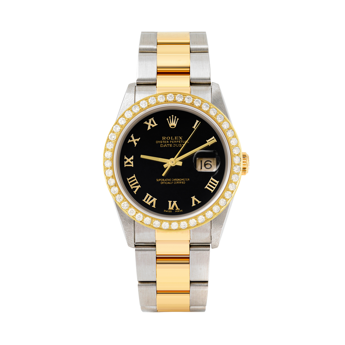 Rolex Datejust 36mm TWO TONE 16233  Black Dial | Roman Hour Markers | 2ct Diamond Bezel