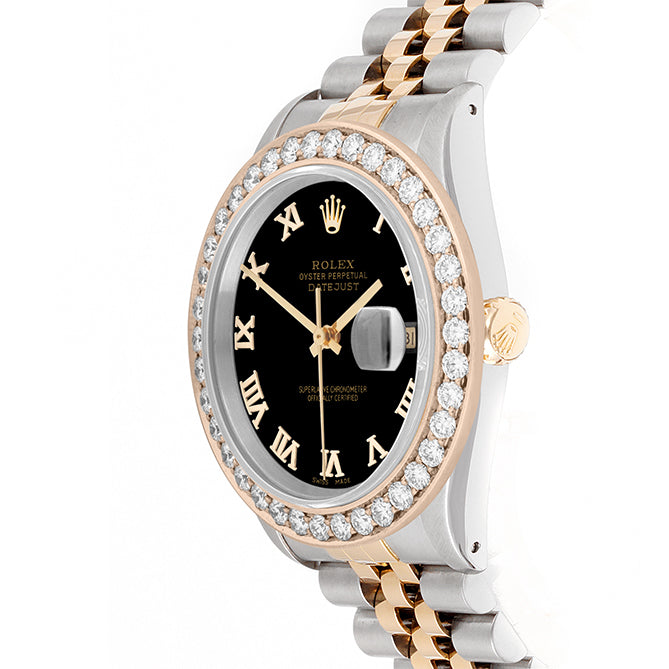 Rolex Datejust 36mm TWO TONE 16233  Black  Dial | Roman Hour Markers | 2.5ct Diamond Bezel