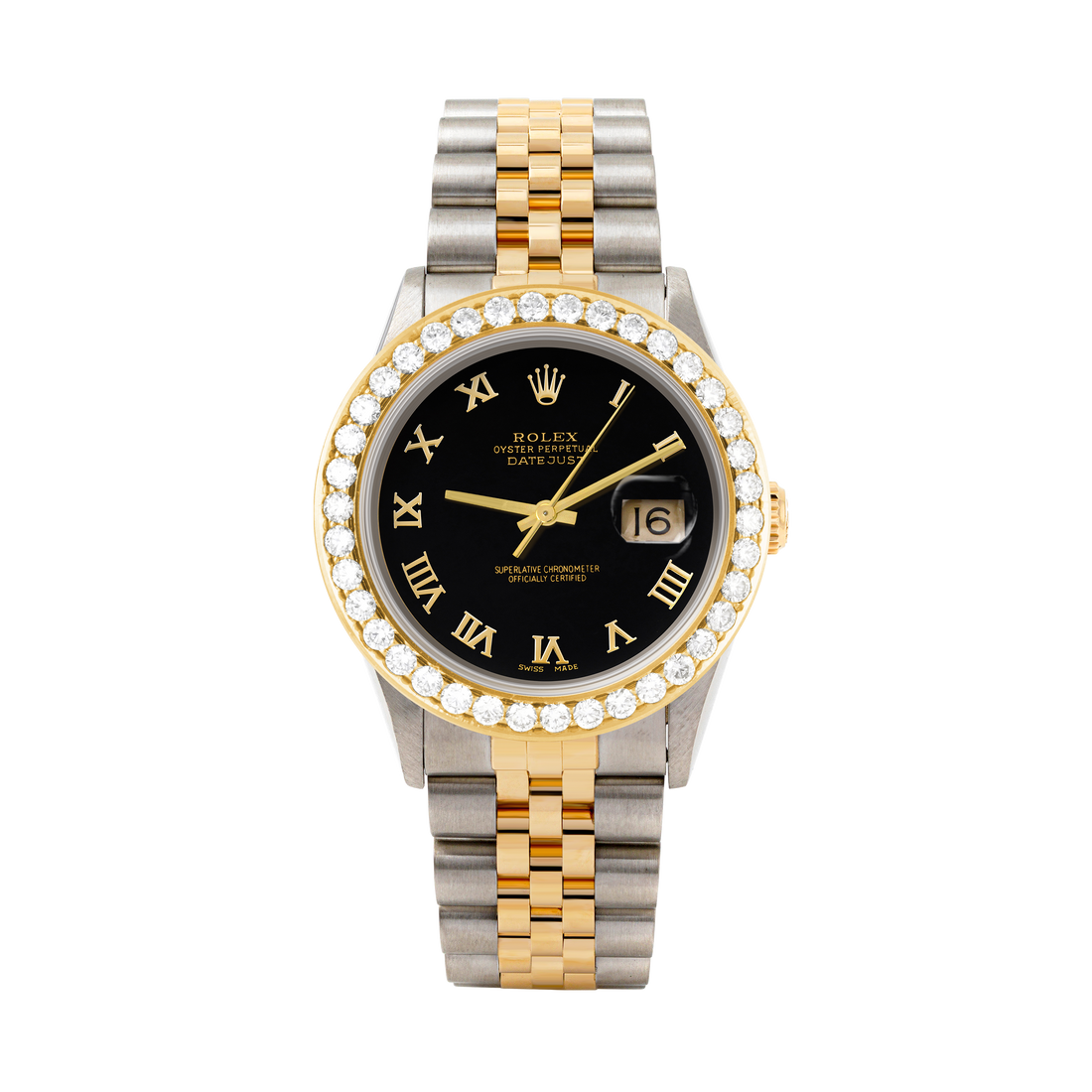 Rolex Datejust 36mm TWO TONE 16233  Black  Dial | Roman Hour Markers | 2.5ct Diamond Bezel