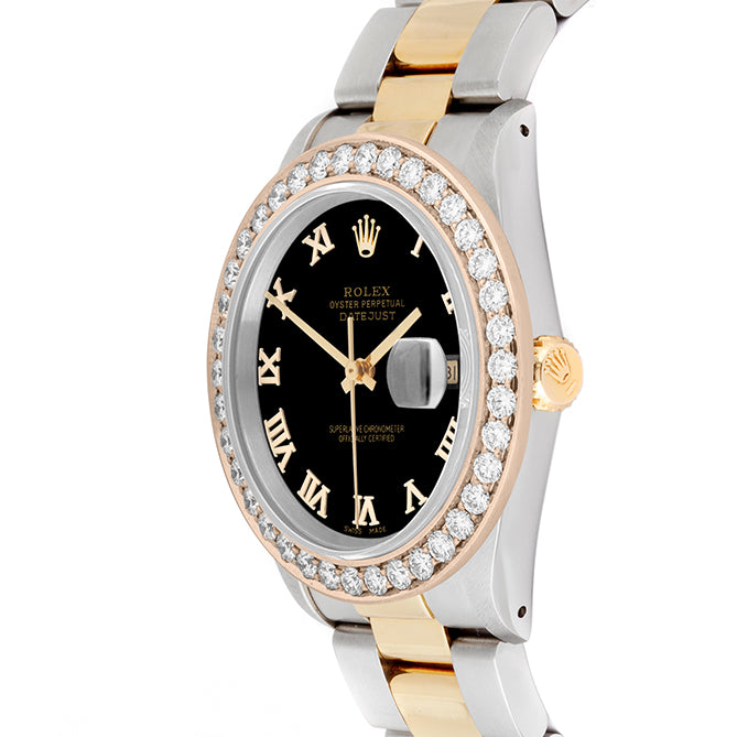 Rolex Datejust 36mm TWO TONE 16233  Black  Dial | Roman Hour Markers | 2.5ct Diamond Bezel