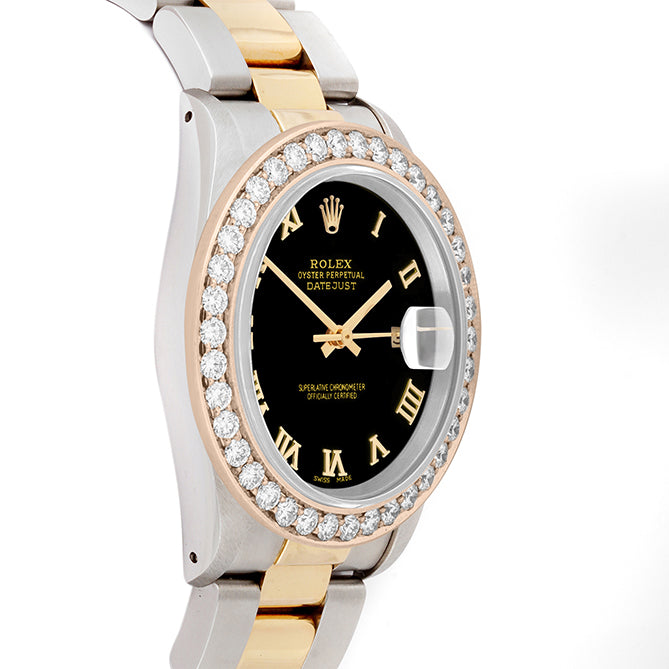 Rolex Datejust 36mm TWO TONE 16233  Black  Dial | Roman Hour Markers | 2.5ct Diamond Bezel