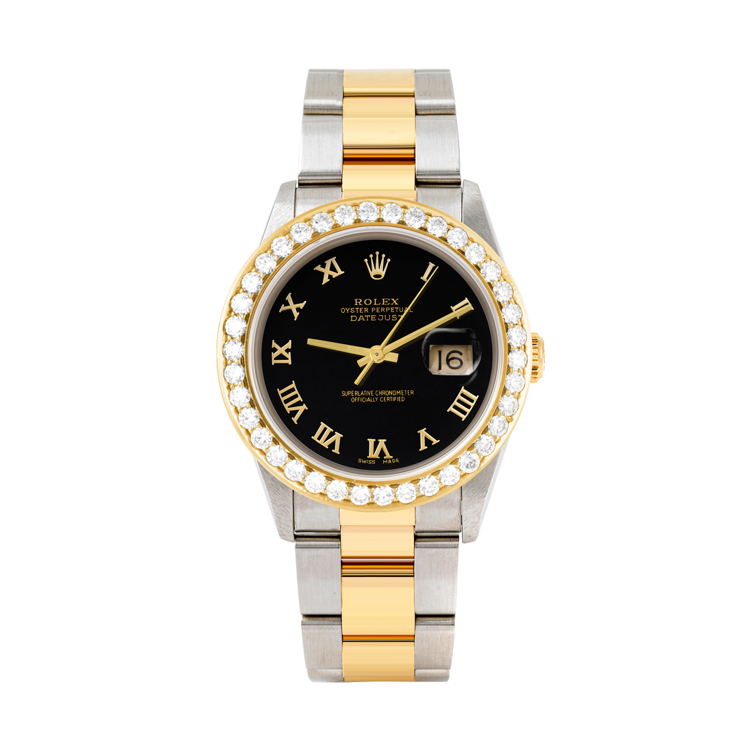 Rolex Datejust 36mm TWO TONE 16233  Black  Dial | Roman Hour Markers | 2.5ct Diamond Bezel