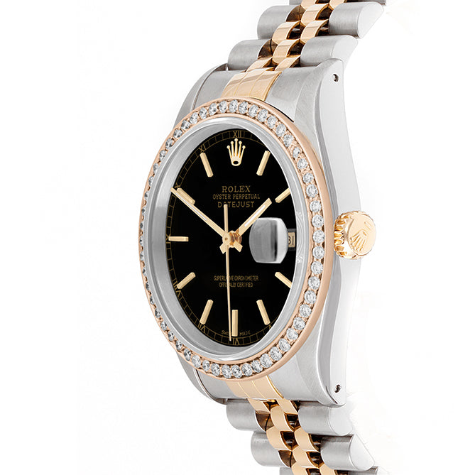 Rolex Datejust 36mm TWO TONE 16233 Black  Dial |  Stick Hour Markers | 1ct Diamond Bezel