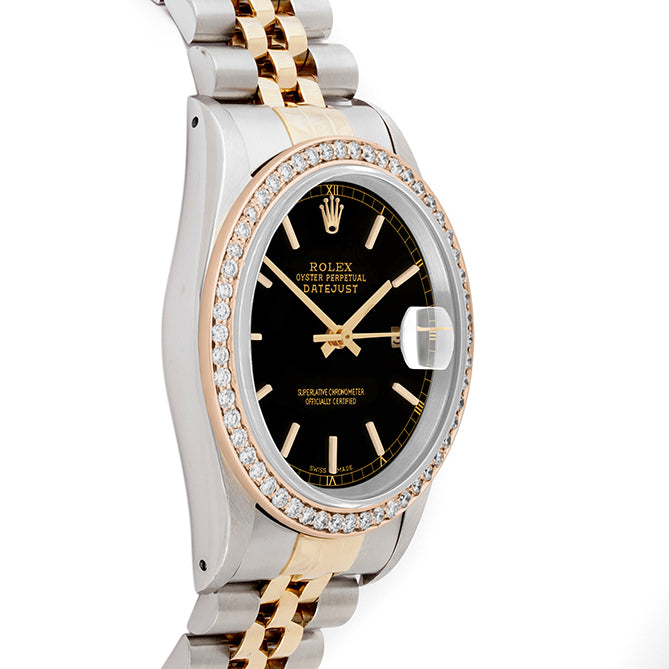 Rolex Datejust 36mm TWO TONE 16233 Black  Dial |  Stick Hour Markers | 1ct Diamond Bezel