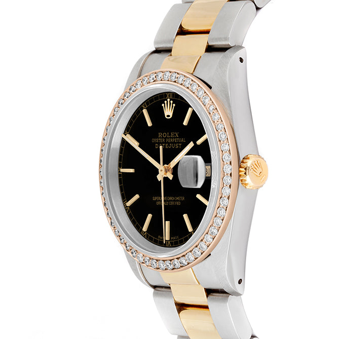 Rolex Datejust 36mm TWO TONE 16233 Black  Dial |  Stick Hour Markers | 1ct Diamond Bezel