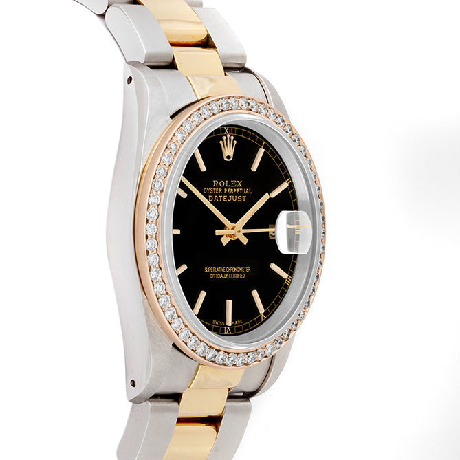 Rolex Datejust 36mm TWO TONE 16233 Black Dial | Stick Hour Markers | 1ct Diamond Bezel