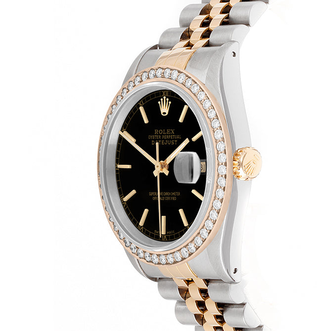Rolex Datejust 36mm TWO TONE 16233 Black Dial | Stick Hour Markers | 1.8ct Diamond Bezel