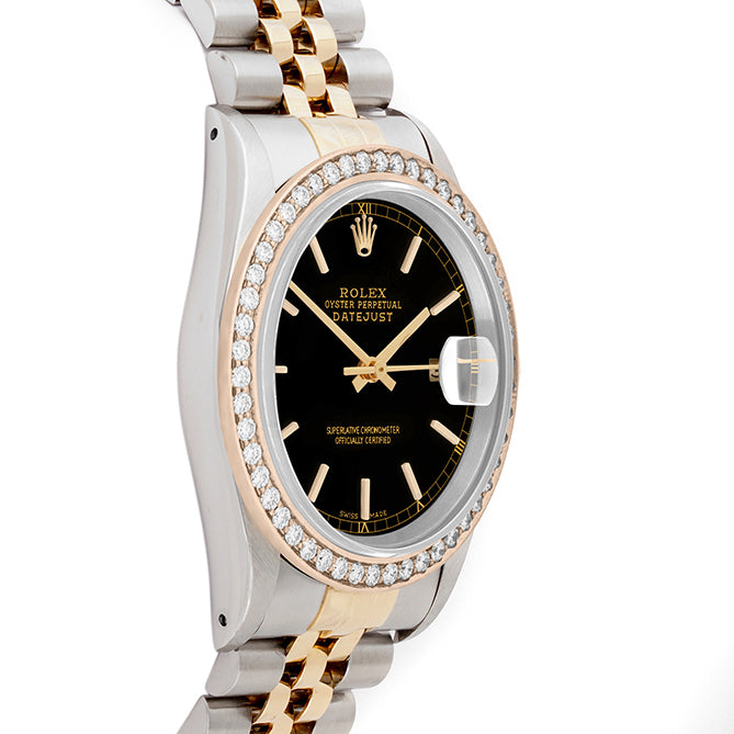 Rolex Datejust 36mm TWO TONE 16233 Black Dial | Stick Hour Markers | 1.8ct Diamond Bezel