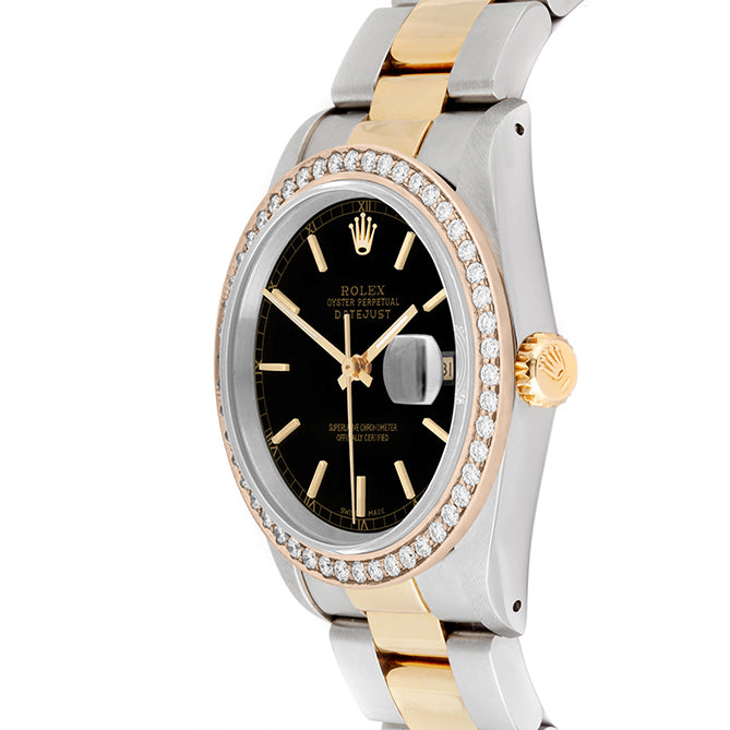 Rolex Datejust 36mm TWO TONE 16233 Black Dial | Stick Hour Markers | 1.8ct Diamond Bezel