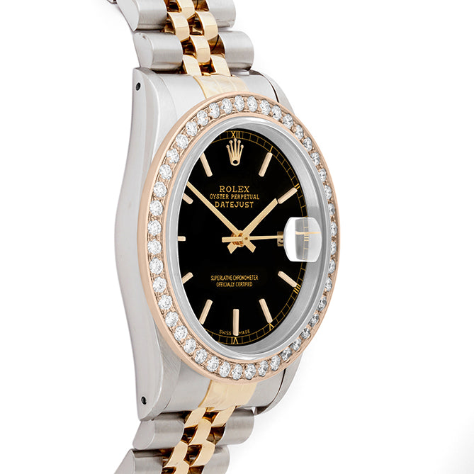 Rolex Datejust 36mm TWO TONE 16233 Black Dial | Stick Hour Markers | 2ct Diamond Bezel
