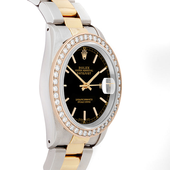 Rolex Datejust 36mm TWO TONE 16233 Black Dial | Stick Hour Markers | 2ct Diamond Bezel