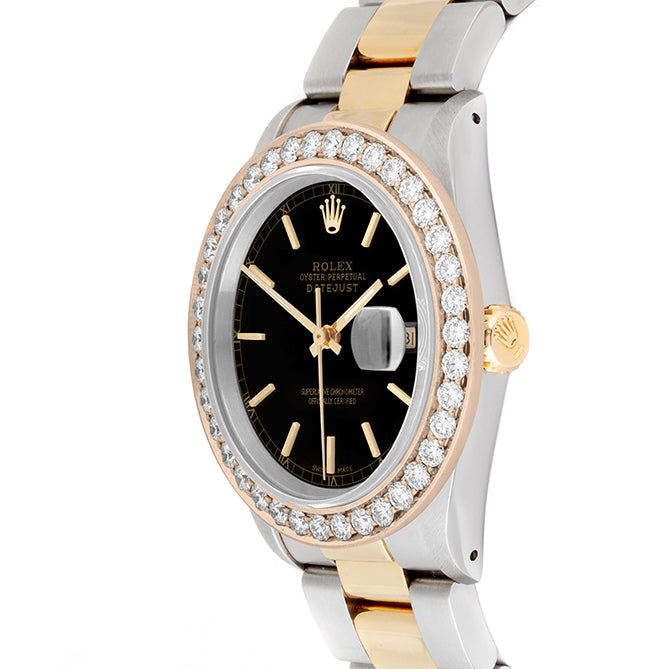 Rolex Datejust 36mm TWO TONE 16233  Black  Dial | Stick Hour Markers | 2.5ct Diamond Bezel