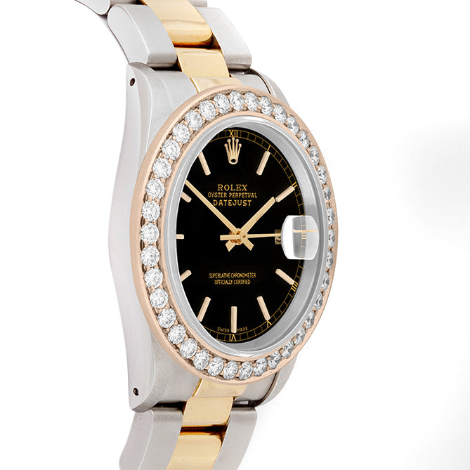 Rolex Datejust 36mm TWO TONE 16233  Black  Dial | Stick Hour Markers | 2.5ct Diamond Bezel