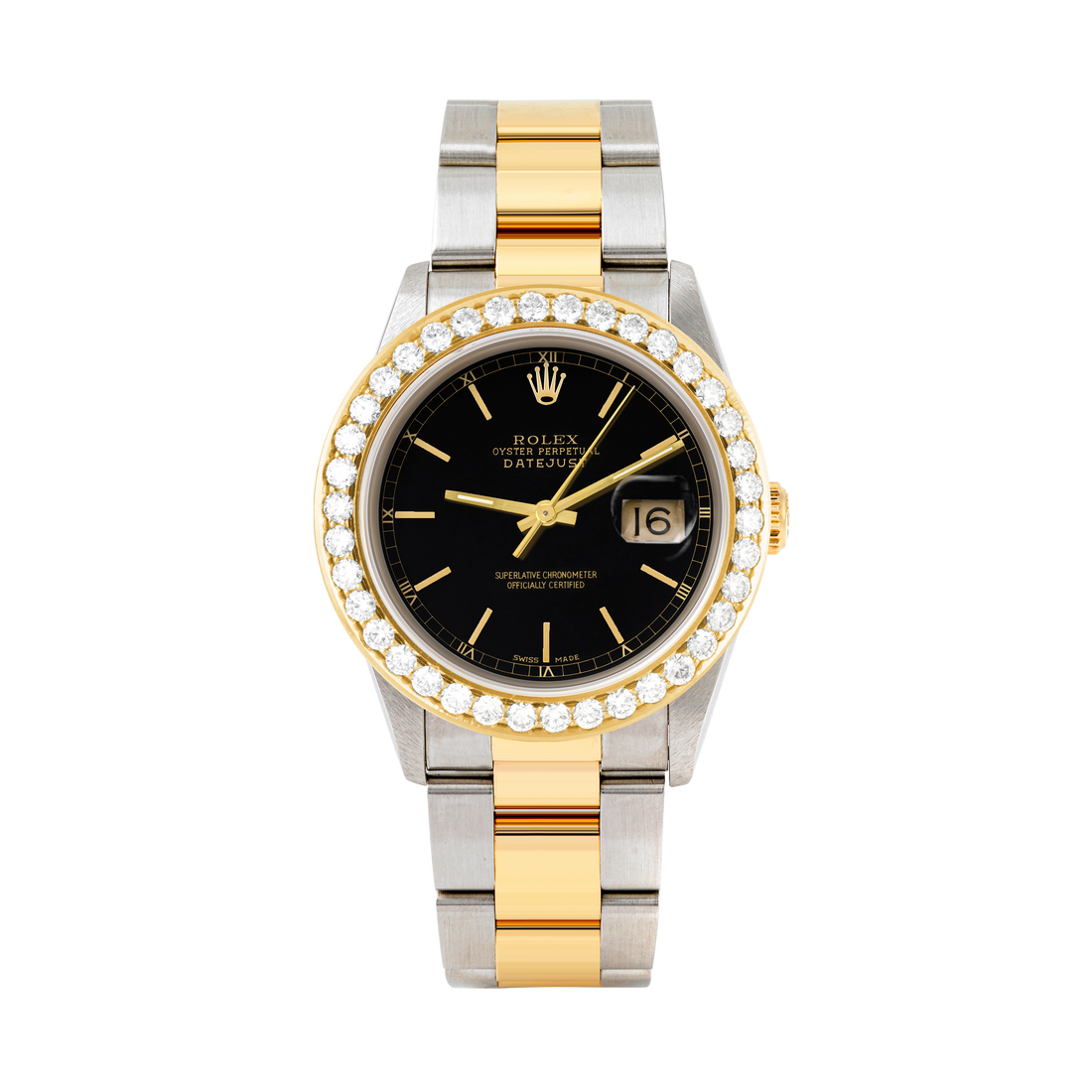 Rolex Datejust 36mm TWO TONE 16233  Black  Dial | Stick Hour Markers | 2.5ct Diamond Bezel