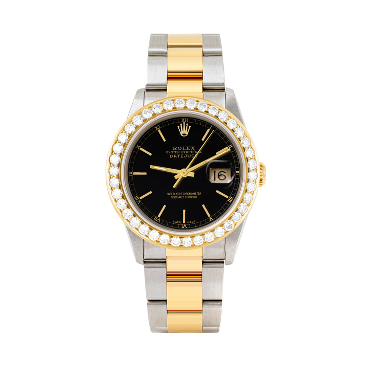 Rolex Datejust 36mm TWO TONE 16233  Black  Dial | Stick Hour Markers | 2.5ct Diamond Bezel