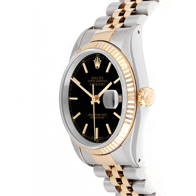 Rolex Datejust 36mm TWO TONE 16233 Black Dial | Stick  Hour Markers | Fluted Bezel