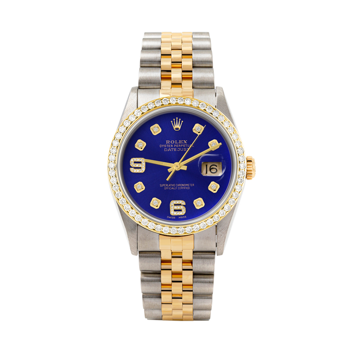 Rolex Datejust 36mm TWO TONE 16233 Blue Dial |  6&9 Diamond  Hour Markers | 1ct Diamond Bezel