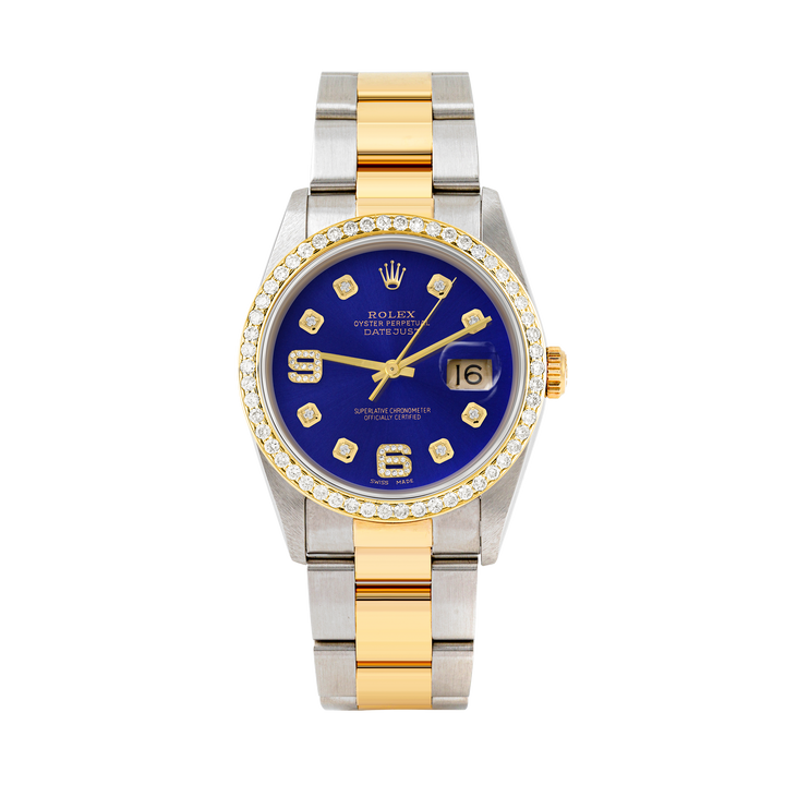 Rolex Datejust 36mm TWO TONE 16233 Blue Dial |  6&9 Diamond  Hour Markers | 1ct Diamond Bezel