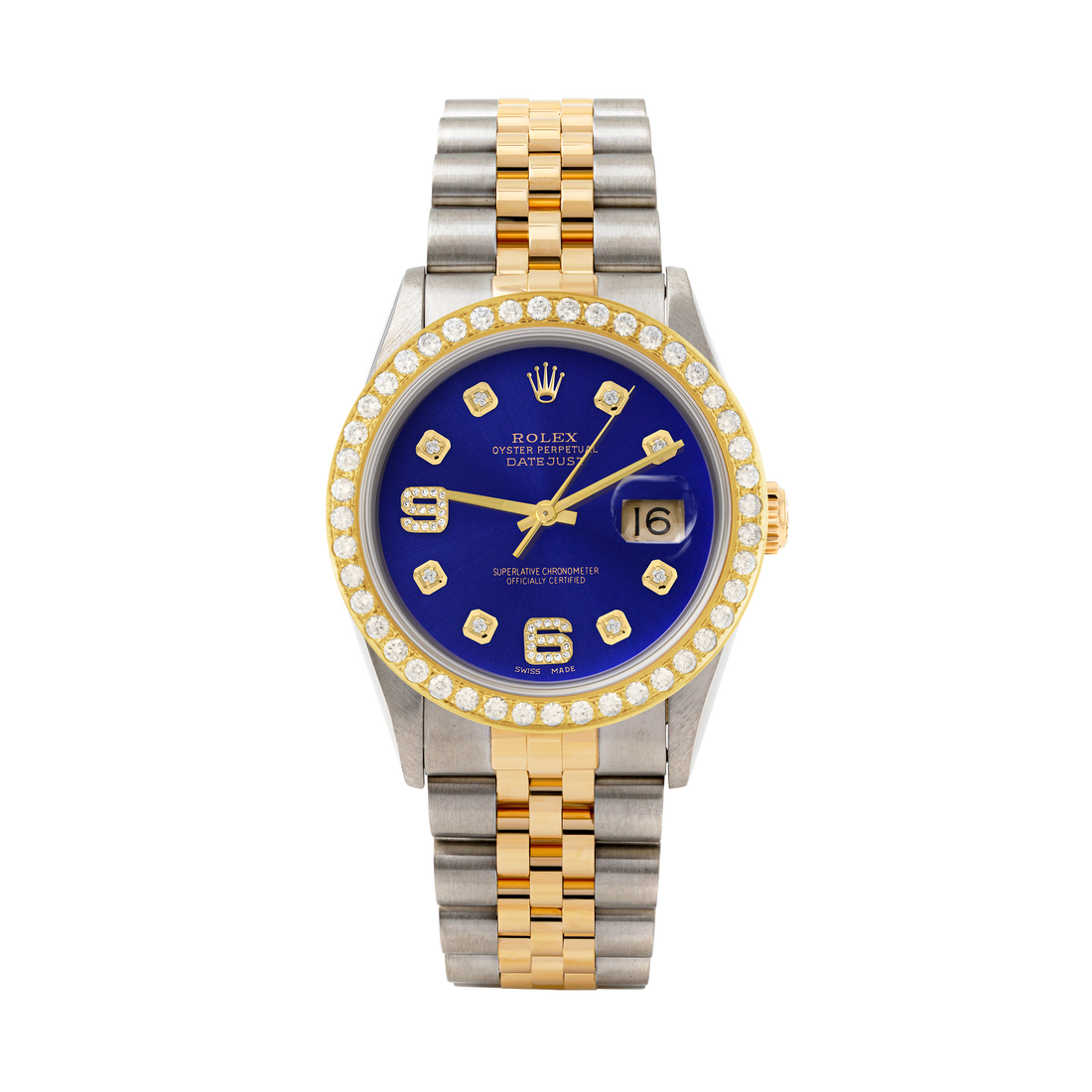 Rolex Datejust 36mm TWO TONE 16233 Blue  Dial |  6&9 Diamond  Hour Markers | 2ct Diamond Bezel