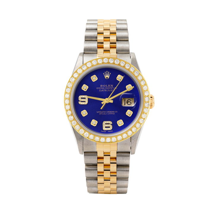 Rolex Datejust 36mm TWO TONE 16233 Blue  Dial |  6&9 Diamond  Hour Markers | 2ct Diamond Bezel