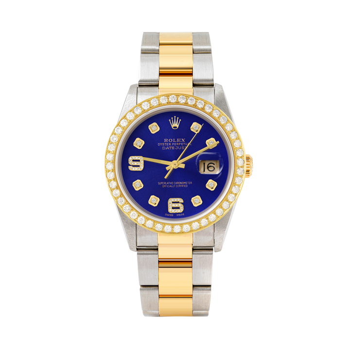 Rolex Datejust 36mm TWO TONE 16233 Blue  Dial |  6&9 Diamond  Hour Markers | 2ct Diamond Bezel